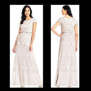 Adrianna Papell Nude/Silver Blouson Beaded Gown Sz 18